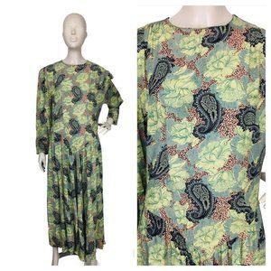 Vintage 70's Ed Michaels Green Crepe Crinkle Paisley Puffed Sleeve Pleat…
